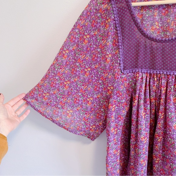 Love Fire Purple Floral Sheer Flutter Sleeve Blouse - Picture 5 of 10